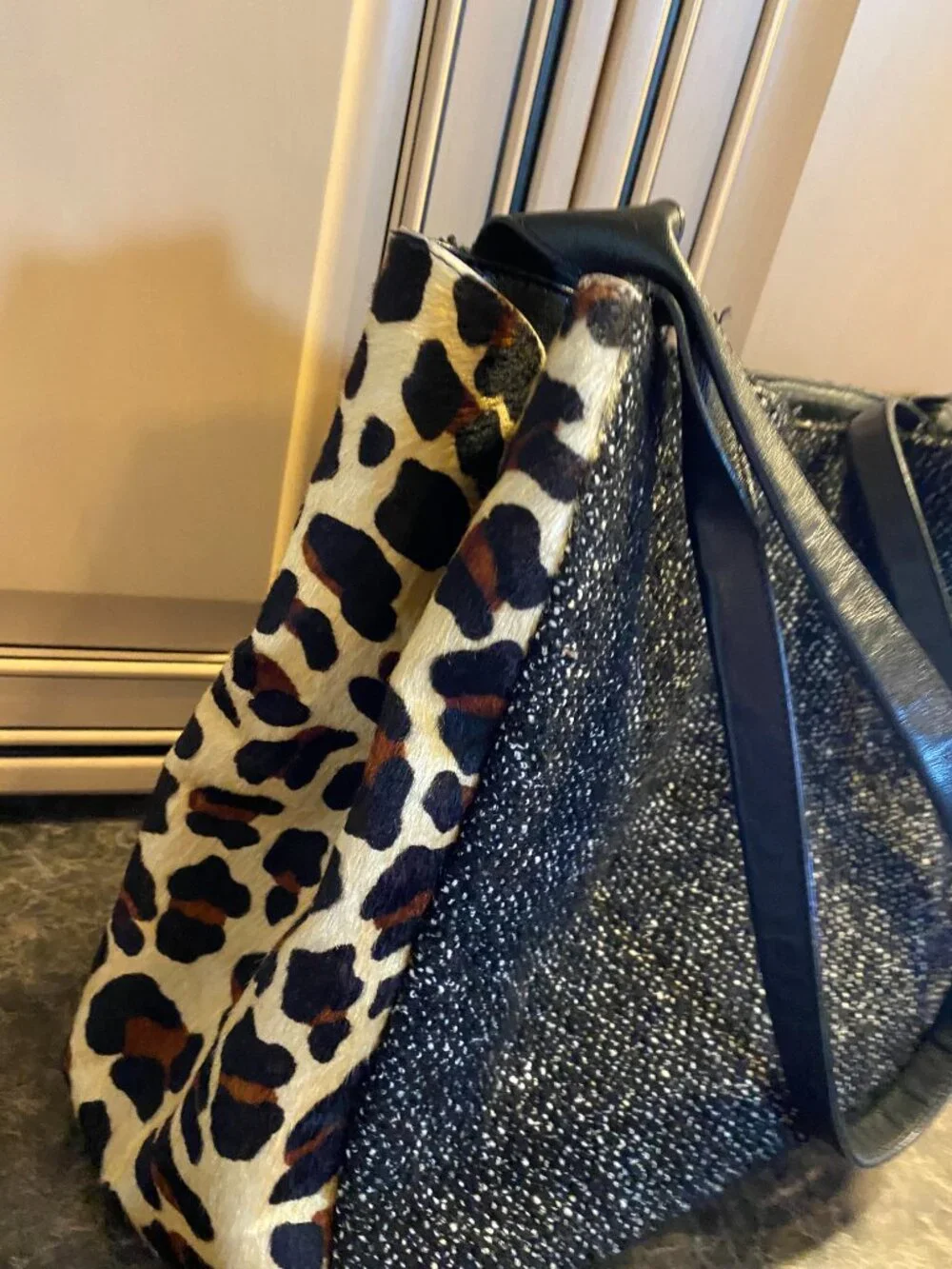 Clever Carriage Company Black Tweed Tote/Purse With Leopard Side Panels